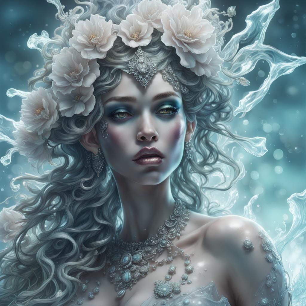 Ocean Goddess with Smokey Flowers in Hyperrealism