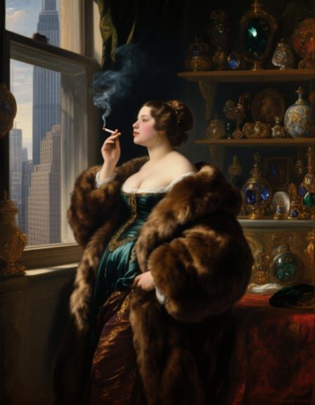 Baroque Style Woman in Fur Coat Smoking Joint