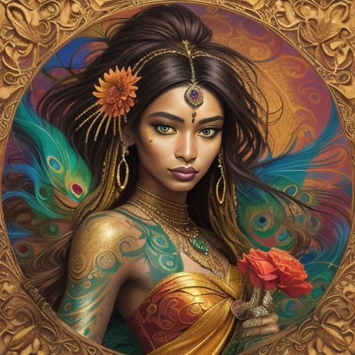 Dragon Peacock Woman Portrait in Abstract Expressionism