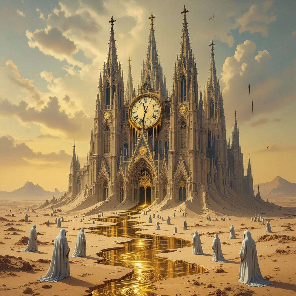 Surreal Desert Cathedral with Melting Clocks