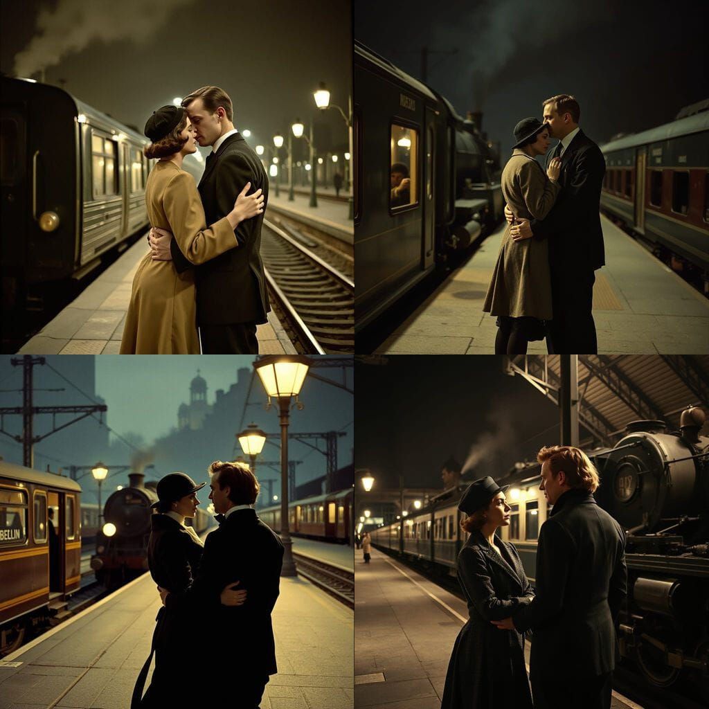 Couple's Farewell on a 1920s Train Platform