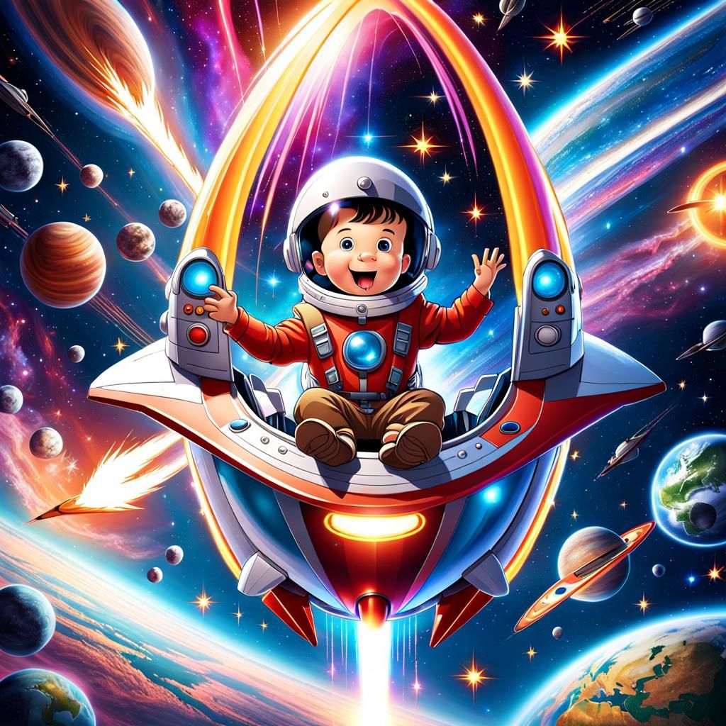 Kid Soaring Through Space on Toy Rocketship