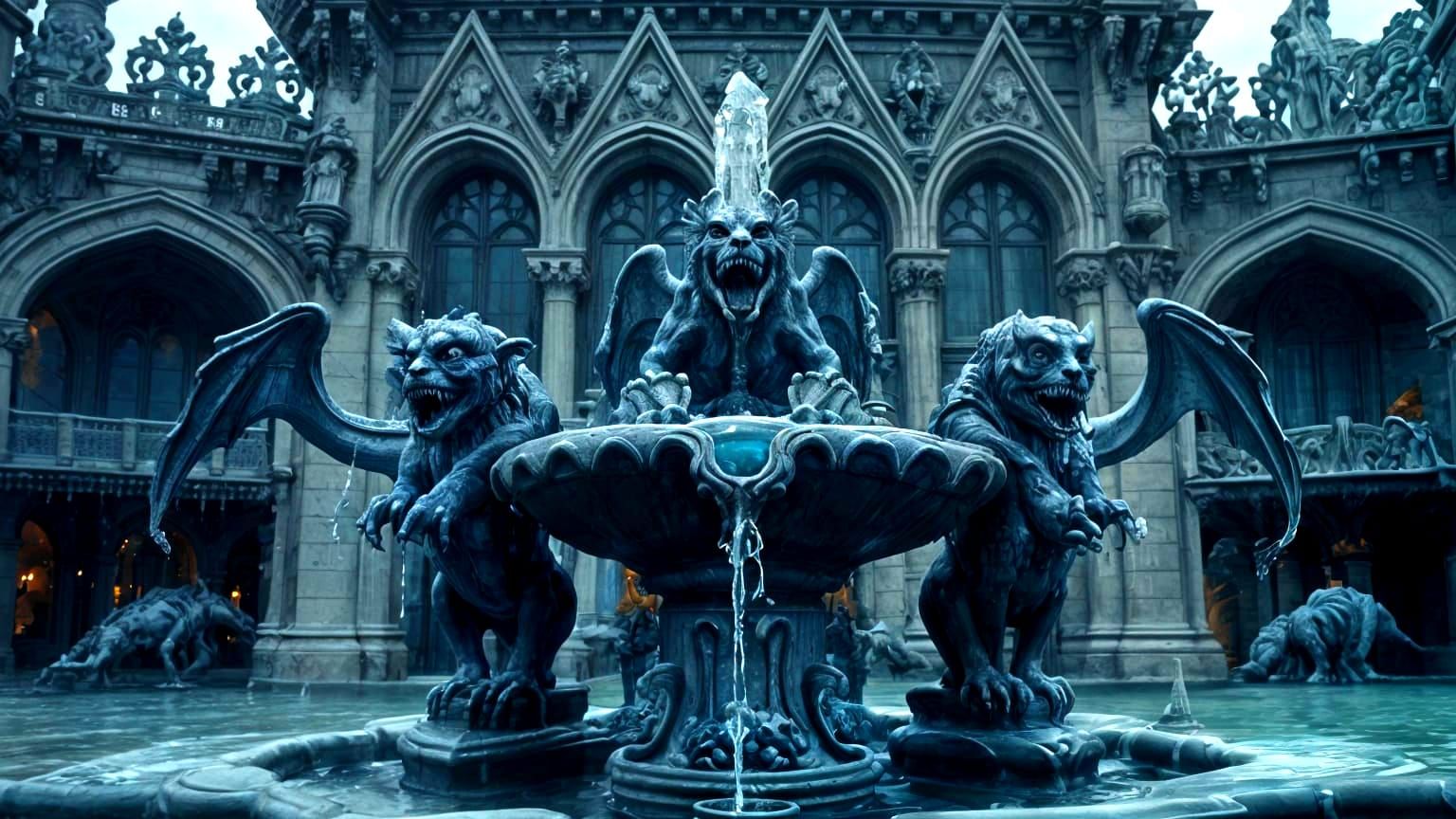 Gothic Gargoyle Fountain in Detailed Medieval Landscape