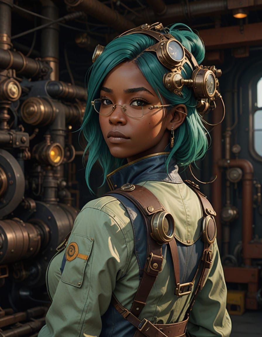 Steampunk Racing Pilot in Elegant Blue and Green Jumpsuit