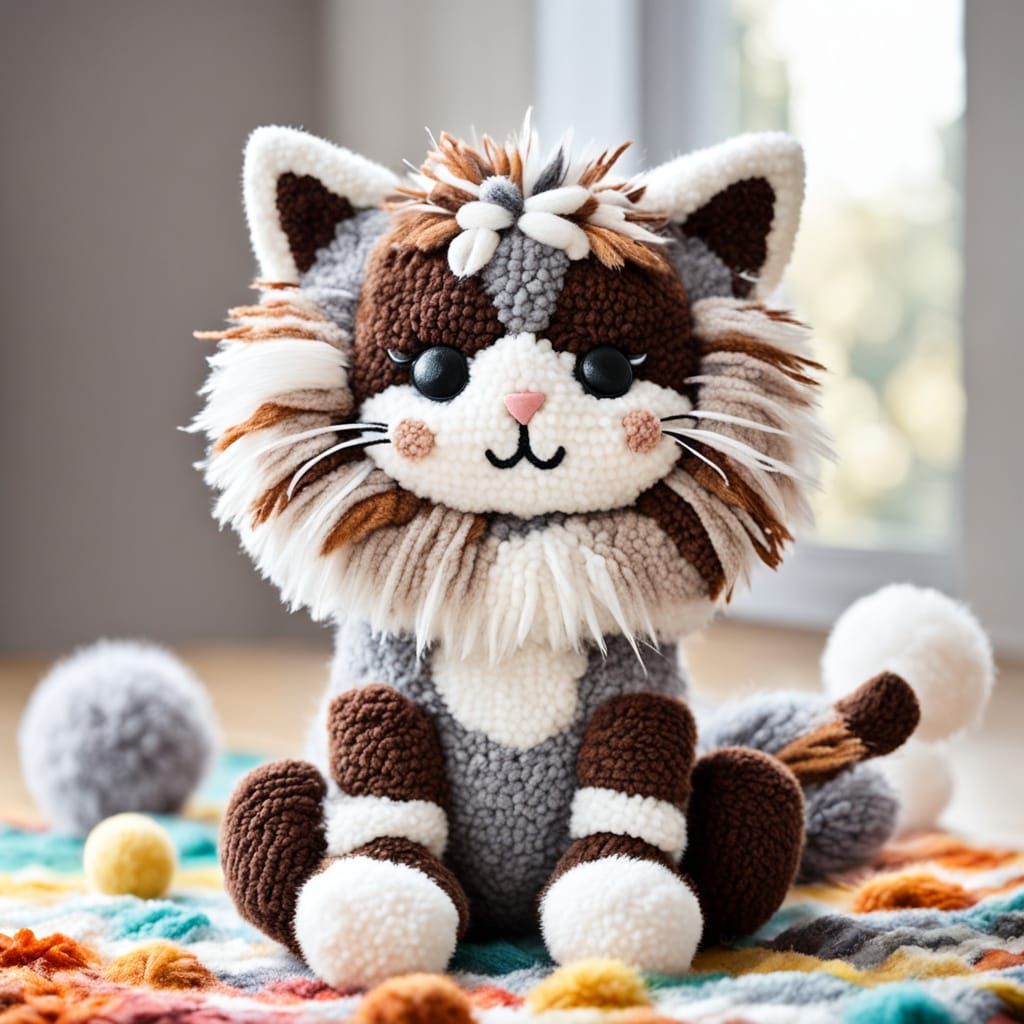 Fluffy Pom Pom Cat Sculpture