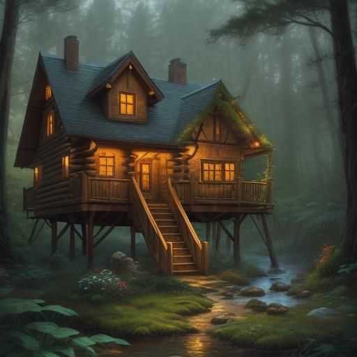 Building a Tiny Log Cabin in Misty Forest