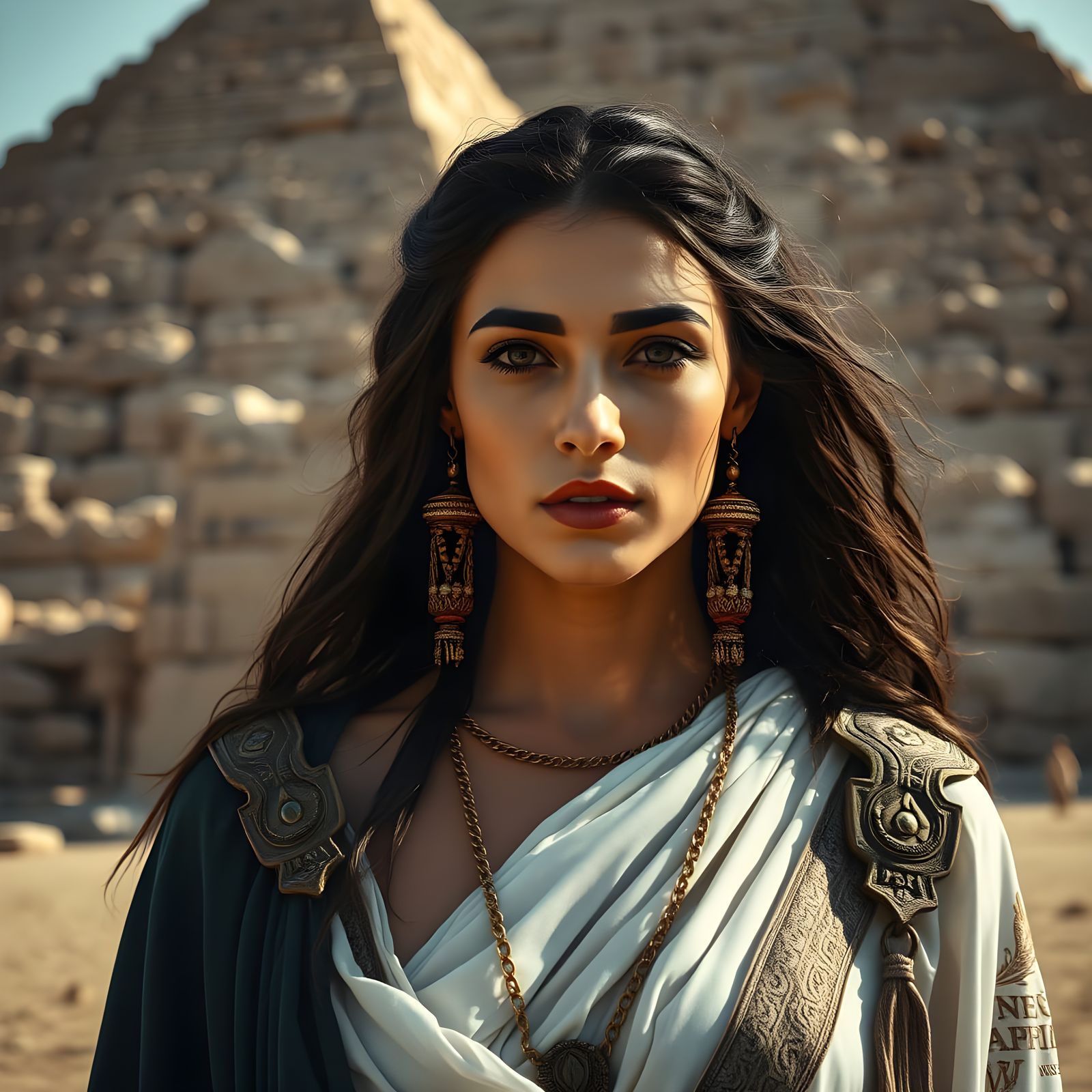Egyptian Woman Before Pyramid in Cinematic Style