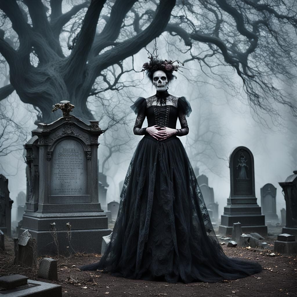 Eerie Pregnant Skull Figure in Graveyard, Beksiński Style