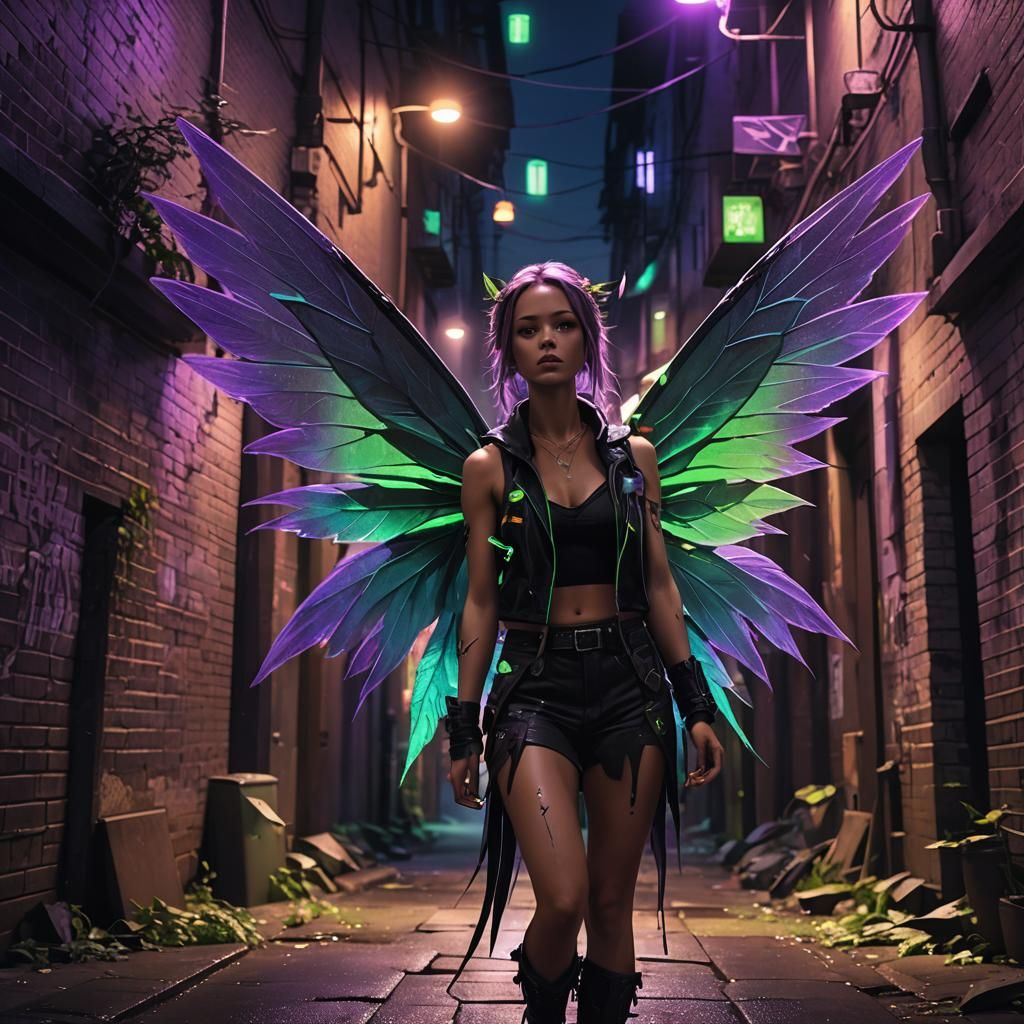 Criminal Fairy in Mystical Alleyway: Dark Fantasy Art