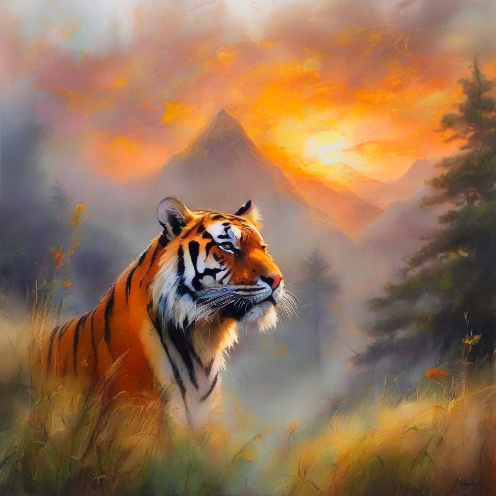 Ethereal Tiger Amidst Tall Grass in Sunset Glow