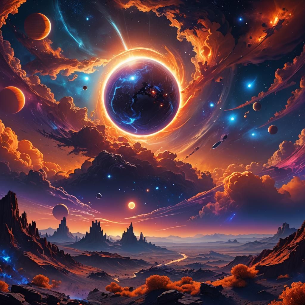 Celestial Bodies Before a Blue Sun, Digital Art