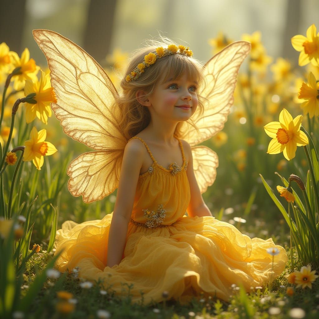 Whimsical Mushroom Fairy in a Sunny Daffodil Field