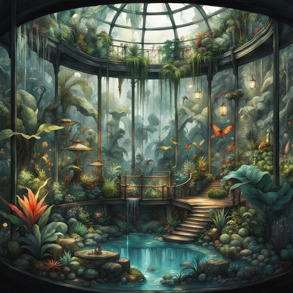 Tropical Jungle Waterfall in Glass Terrarium, Ink Illustrati...