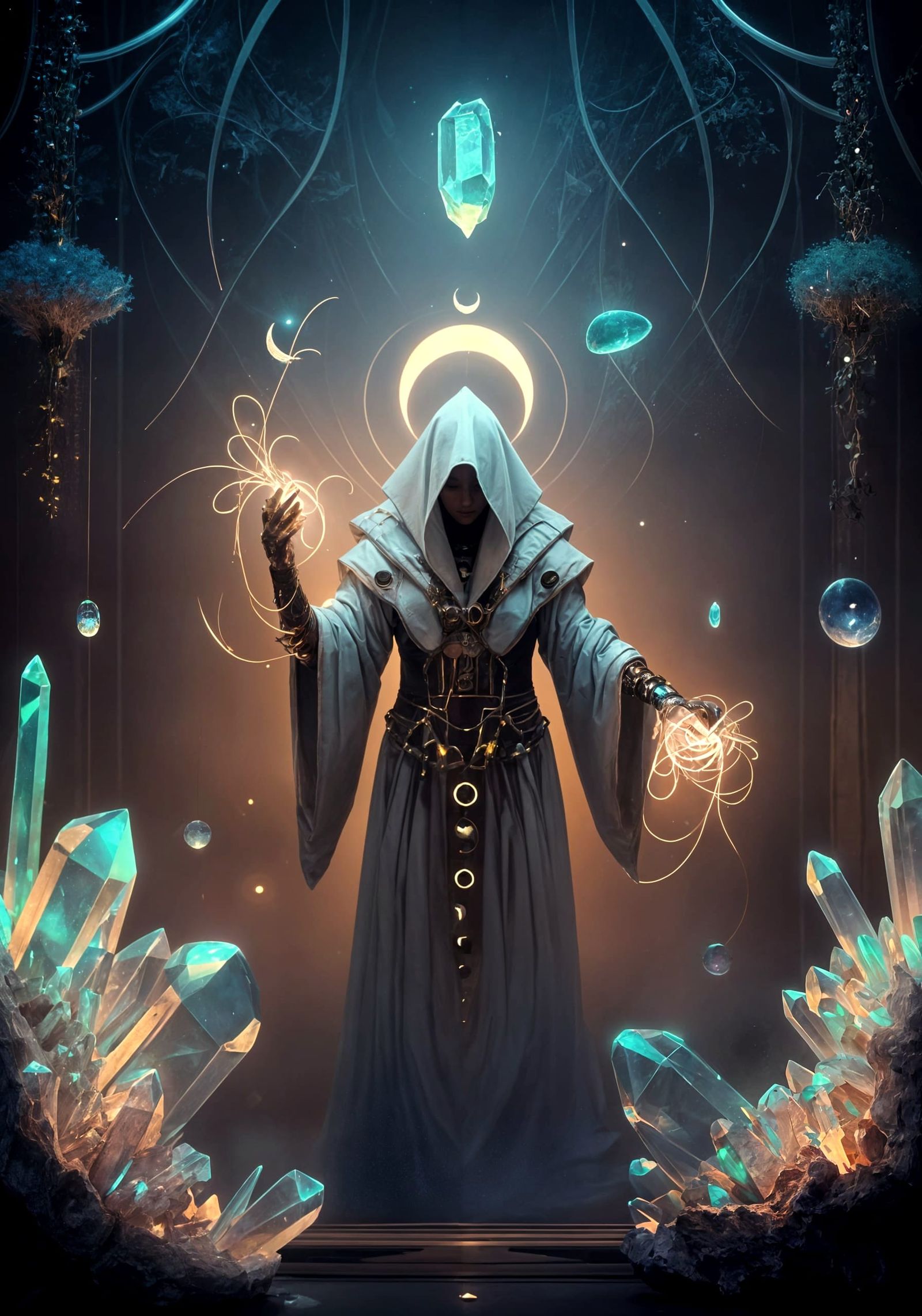 Lunar Healer in Moonlit Crystal Chamber