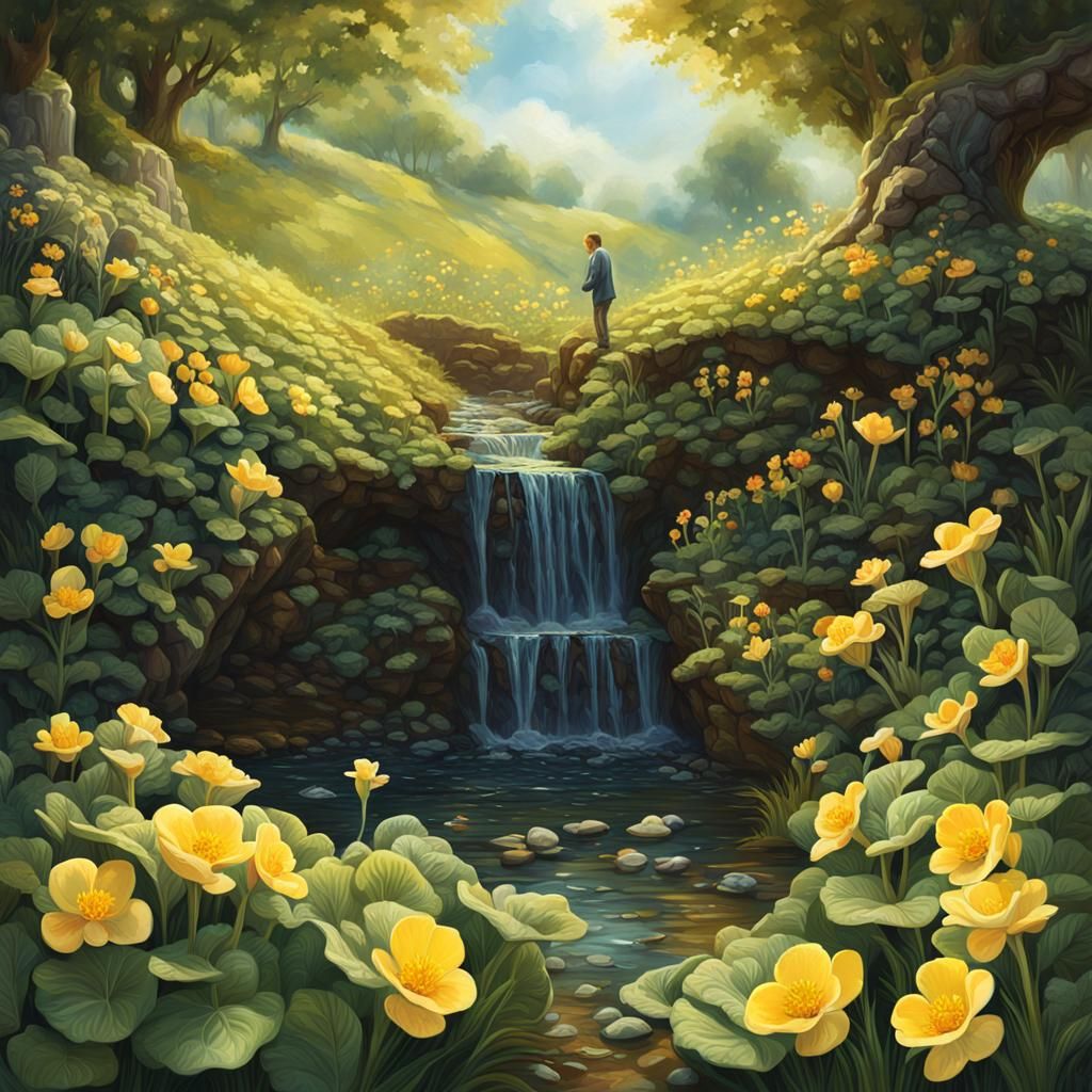 Hyperrealistic Primroses Blooming on a Hillside