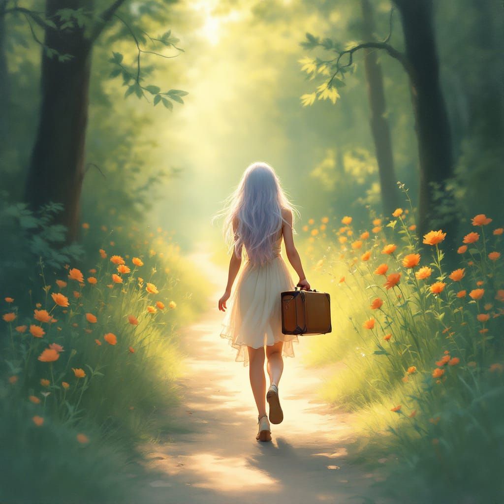 Dreamy Forest Path with Woman and Vintage Suitcase