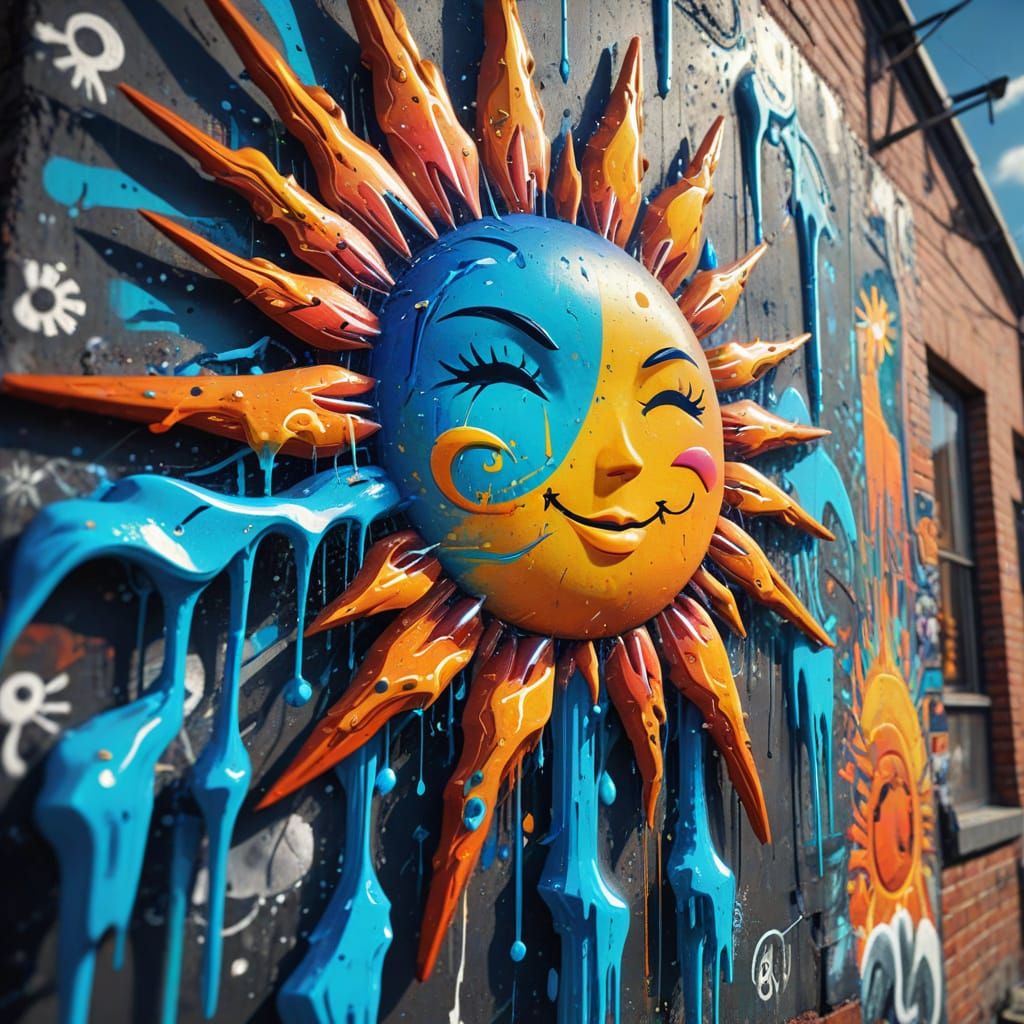 Vintage Summer Graffiti Art with Suns, Waves, and Icicles