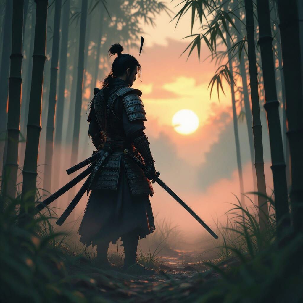 Samurai in Bamboo Forest at Dawn: Cinematic