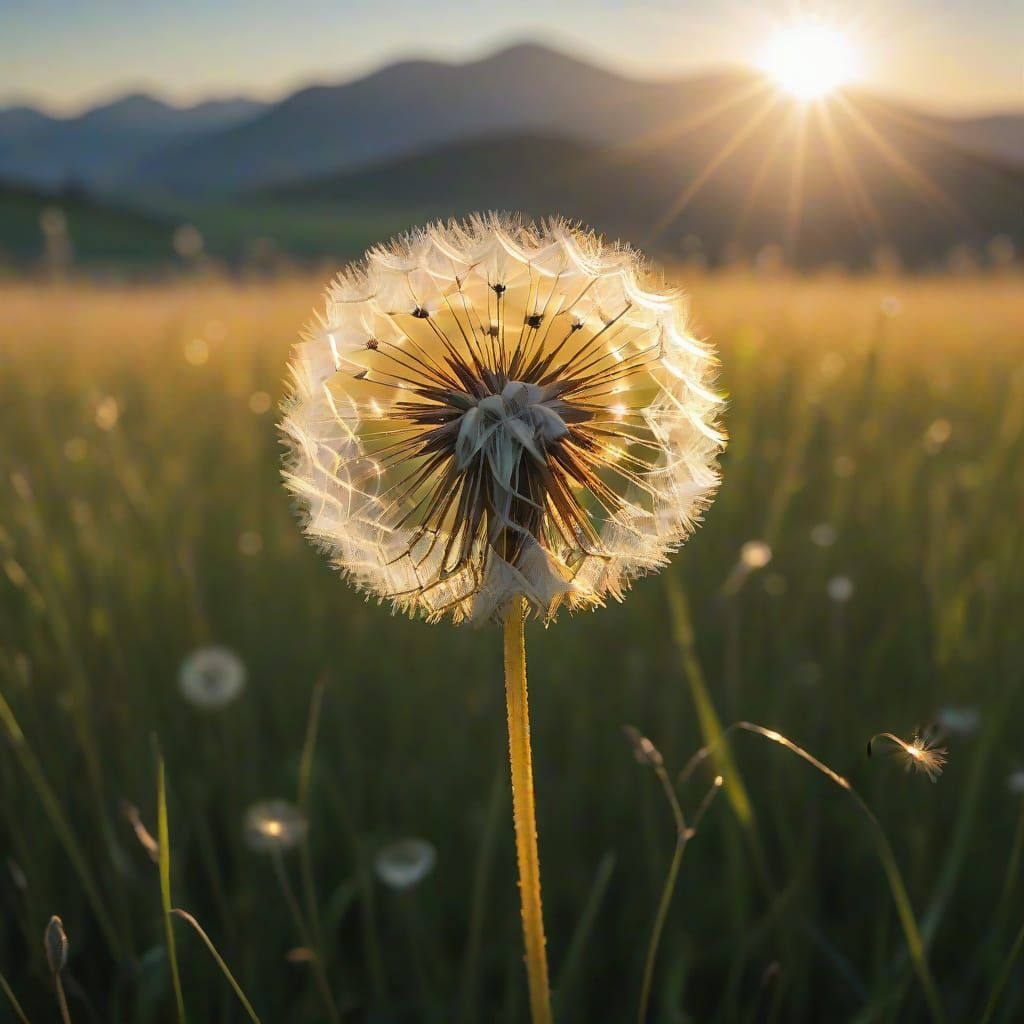 Luminous Dandelion Seed in Sun-Drenched Meadow