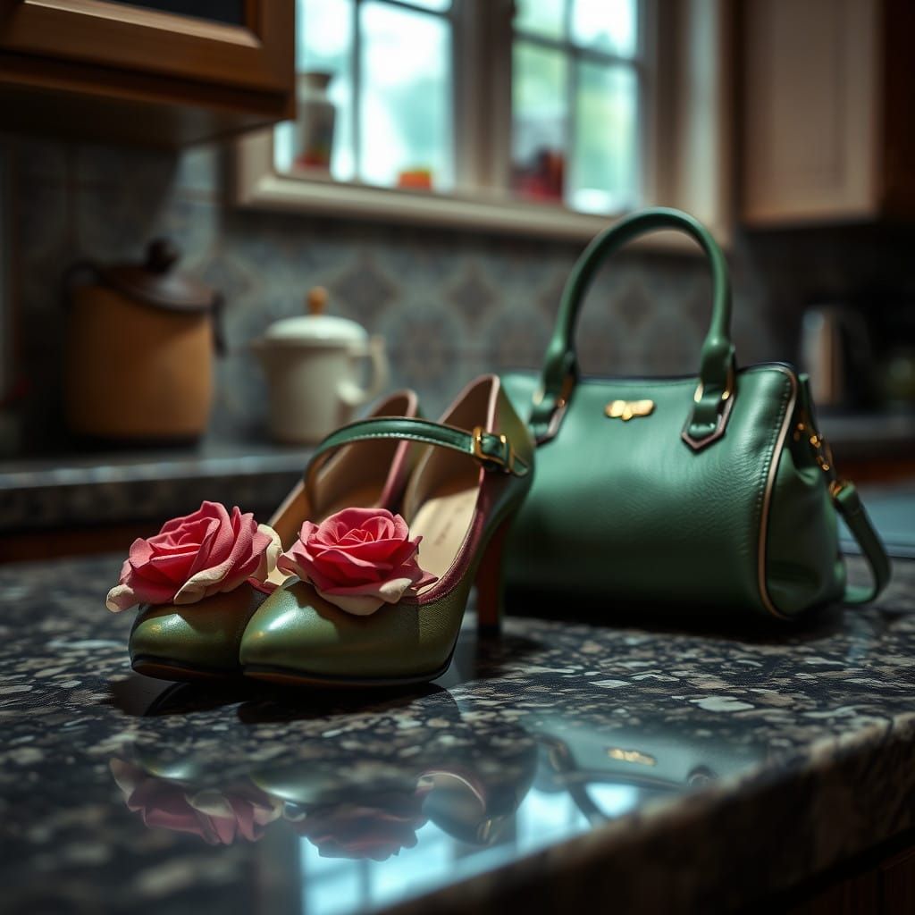 Luxurious Shoes and Purse in a Moody Kitchen Scene
