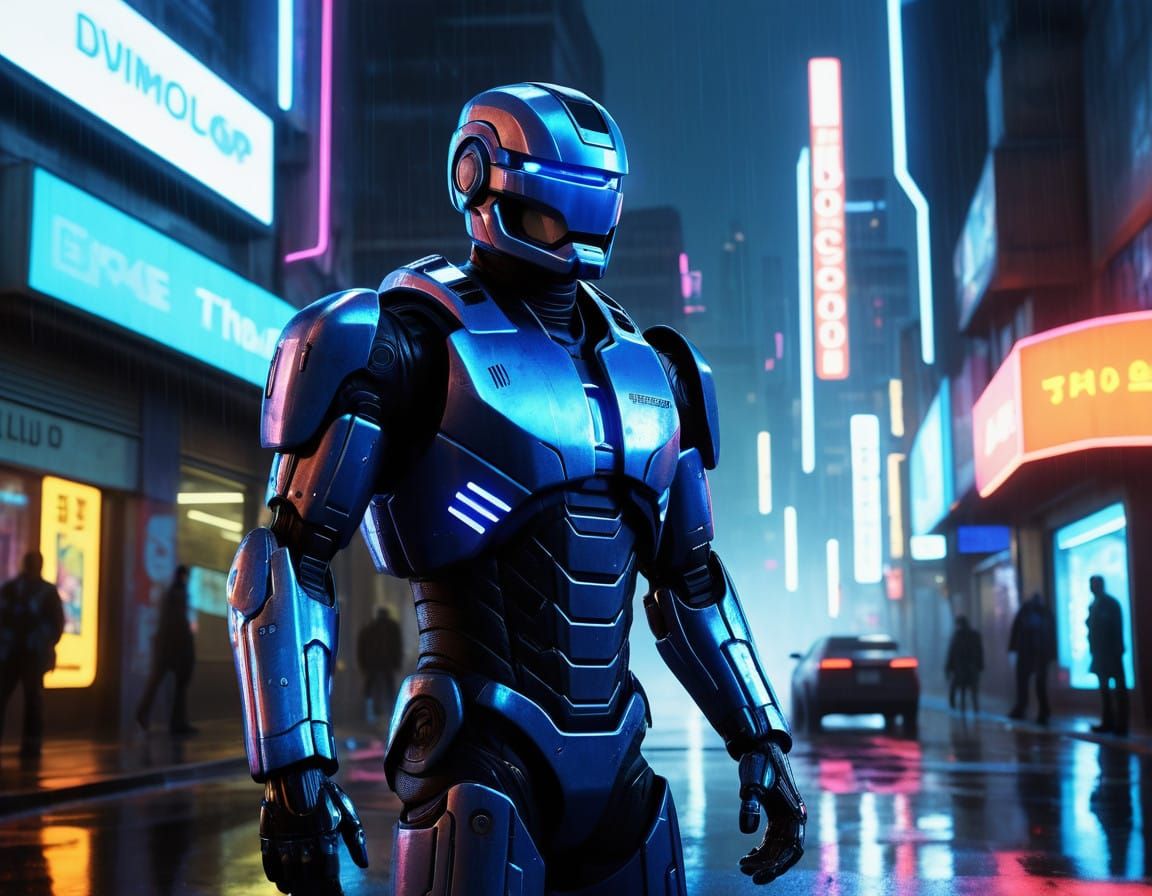 Colossal Cybernetic Law Enforcement Officer in Neon-Lit Dyst...
