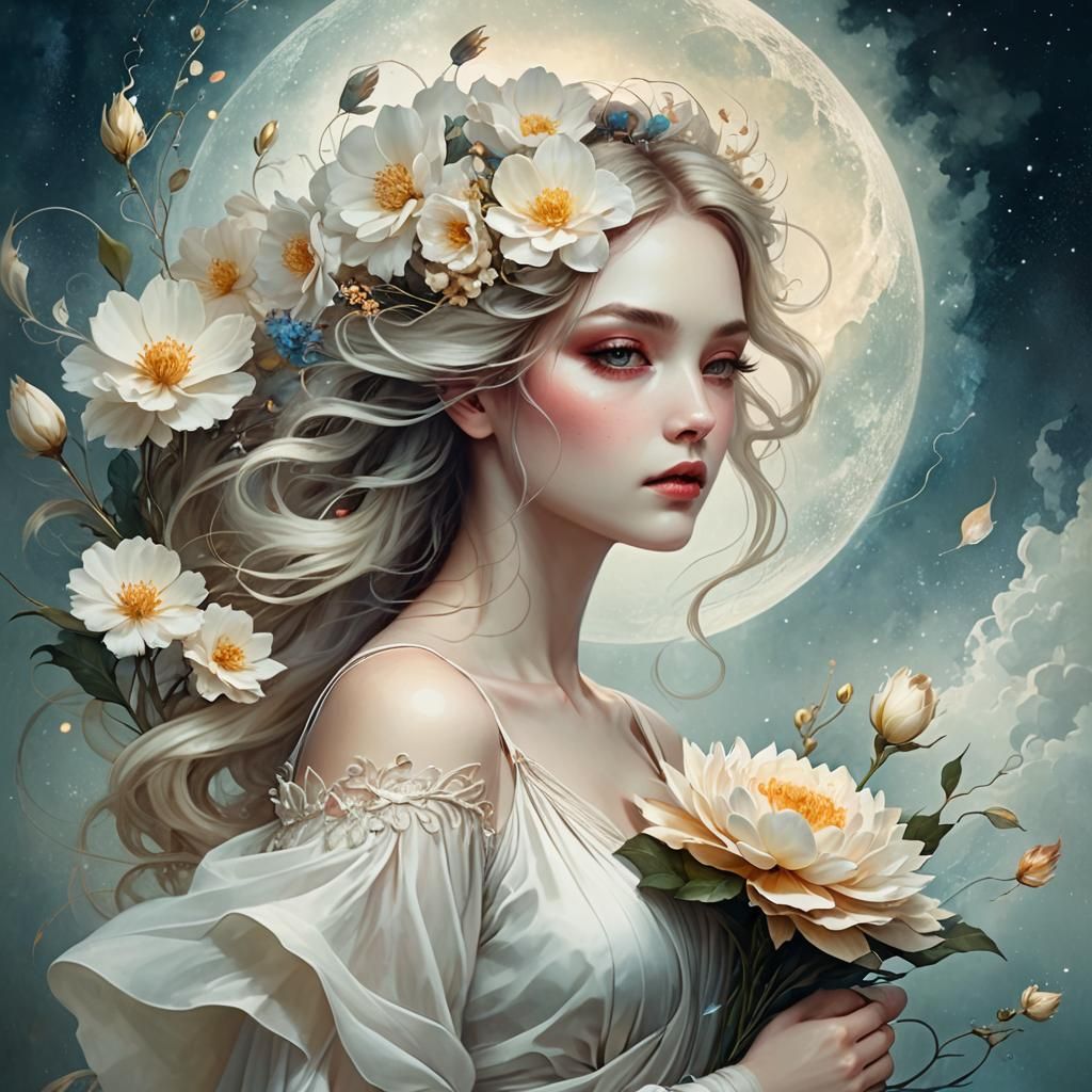 Woman with Flower: Romanticism Fantasy Digital Art