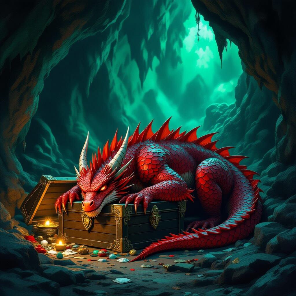 Red Dragon Guards Treasure in Mystical Cave