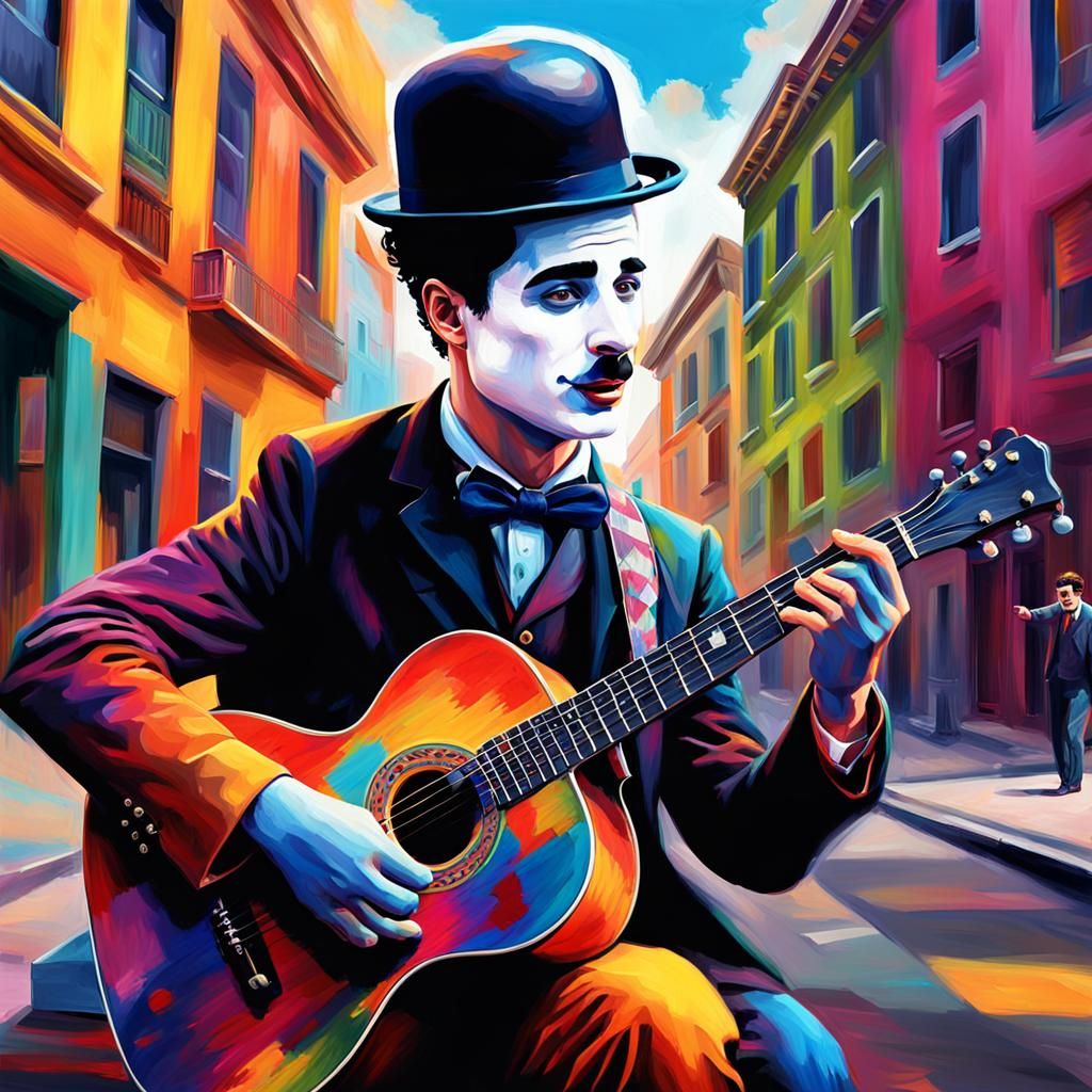 Chaplin Plays Guitar in Vibrant Digital Painting