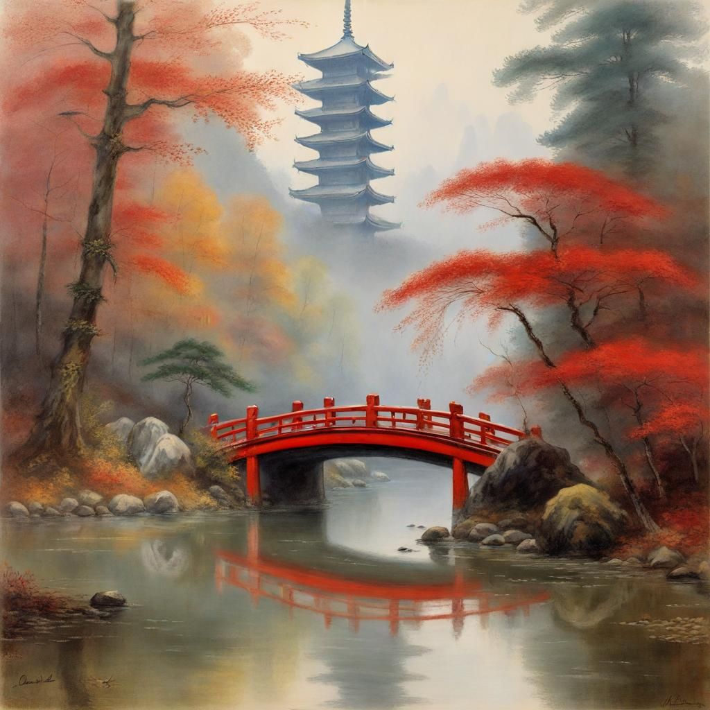 Misty Autumn Forest with Pagoda, Impressionist Painting