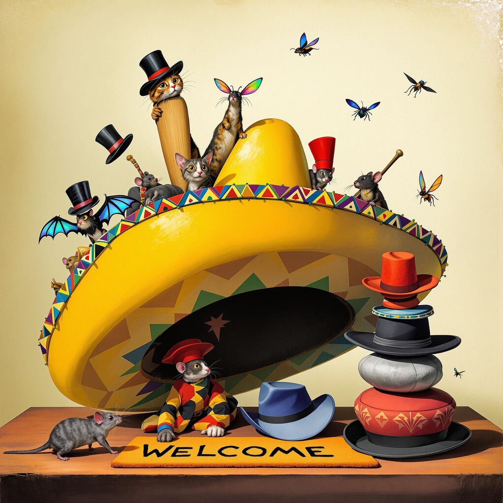 Whimsical Hats Still Life in a Surrealist Style