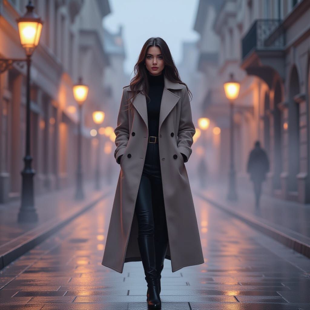 Woman in Streetlight Glow Amidst Thick Mist