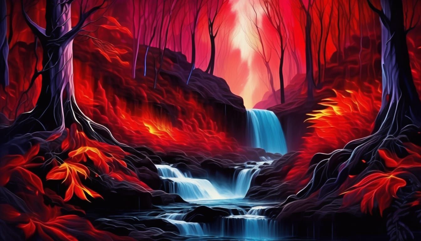 Dark Forest Unveiled by Fiery Waterfall in Vibrant Oil Paint...