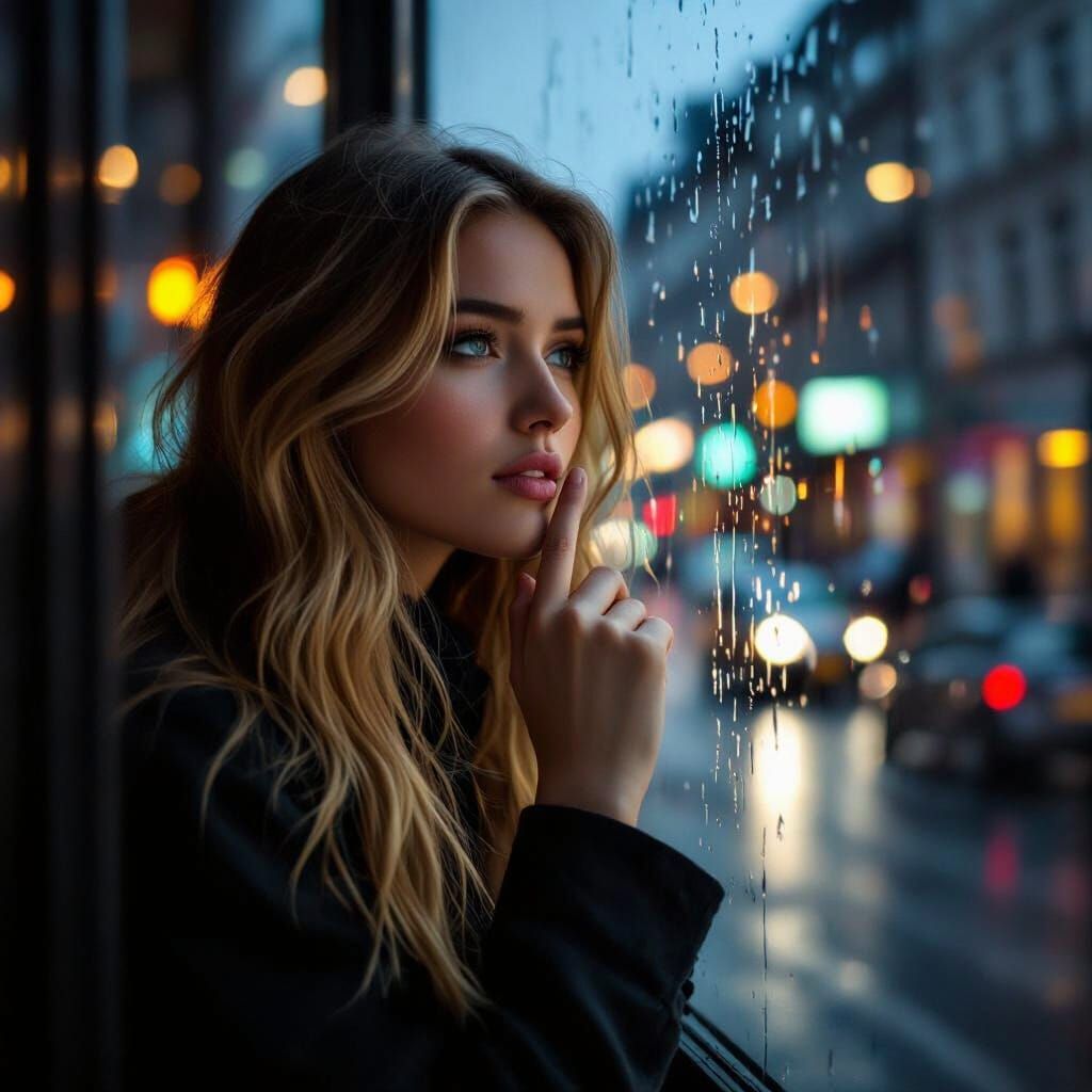 Young Woman Gazes Out Rainy Window in Evening Light
