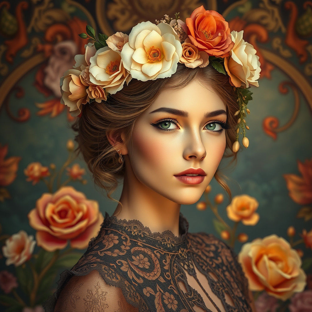 Ethereal Woman with Floral Headpiece in Rococo Style