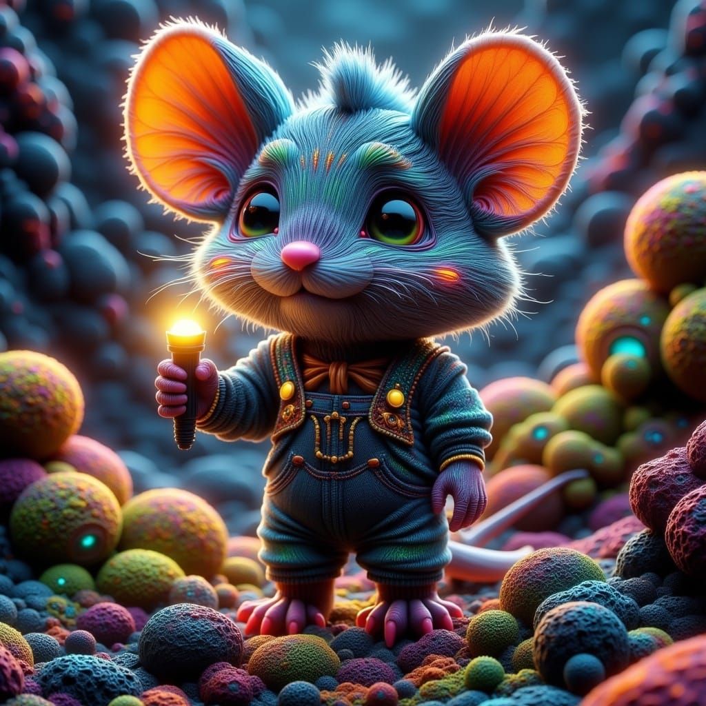 Whimsical Chibi Creature Amidst Vibrant Bismuth Fractals