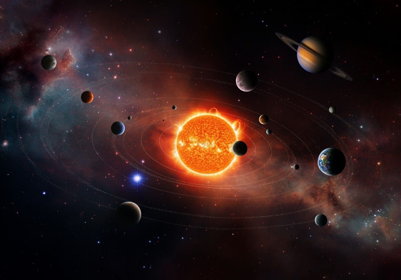Cosmic Solar System with Red Sun: Holographic Illustration