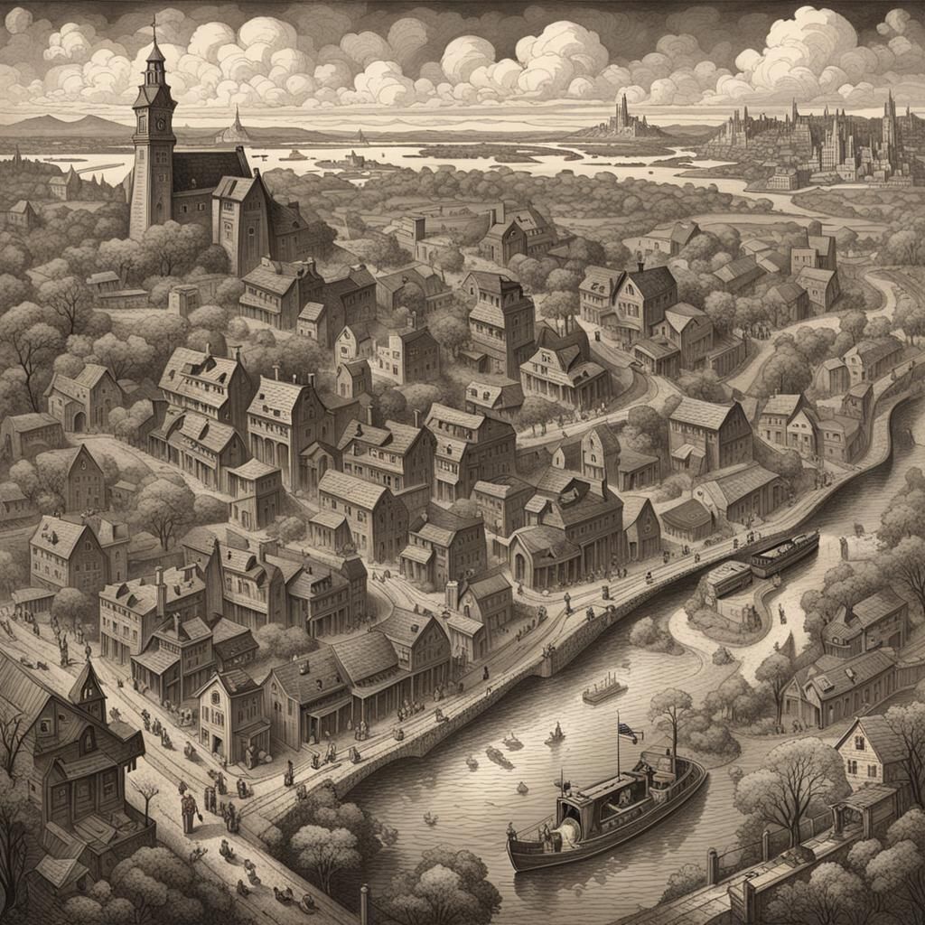 Detailed Colonial Town Map in Horror Style