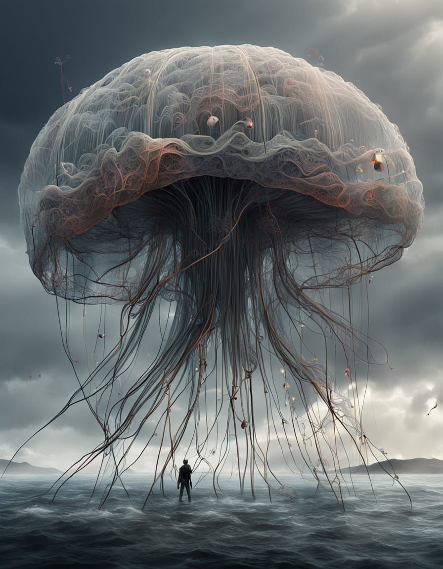 Wire Jellyfish Sculpture in Dramatic Atmospheric Light