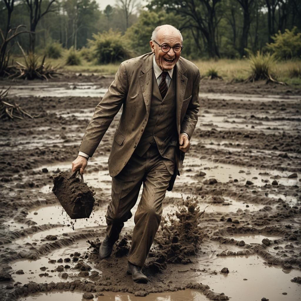Happy Professor Hopping Through Mud: Cinematic Film Still