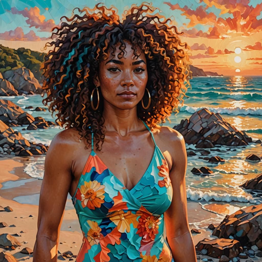Confident Woman on Rocky Beach: Oil Painting in Triadic Colo...