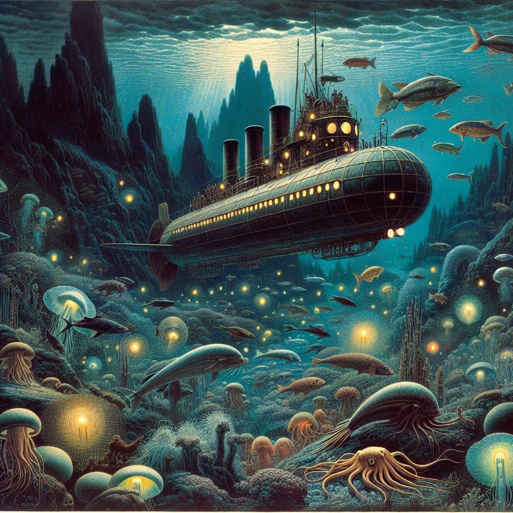 Nautilus Submarine in a Mysterious Ocean Depth