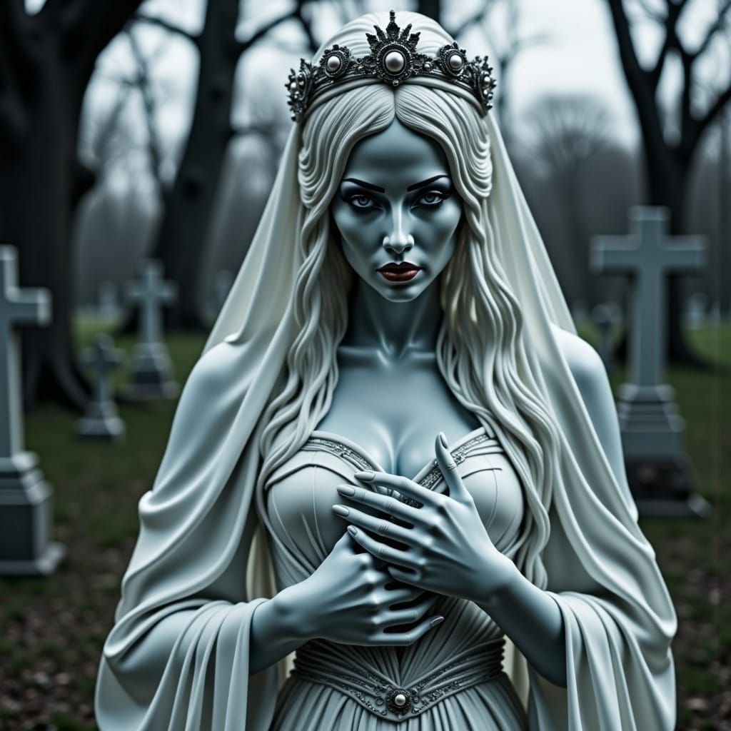 Ethereal Ghost Bride in Cemetery with Marble Texture
