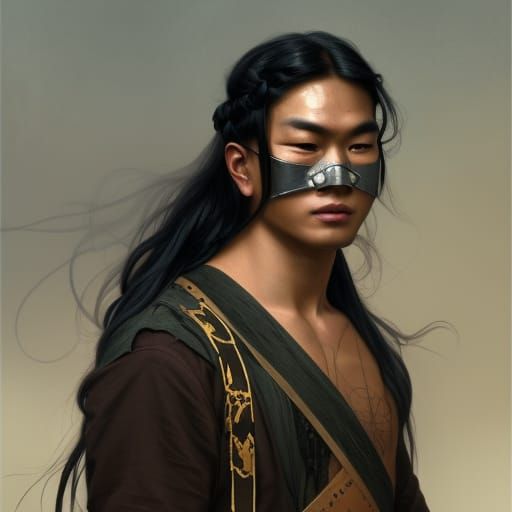 Masked Asian Warrior Portrait in Hyperdetailed Digital Art