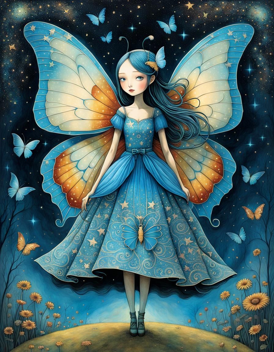 Butterfly Girl with Wings in Fairytale Style