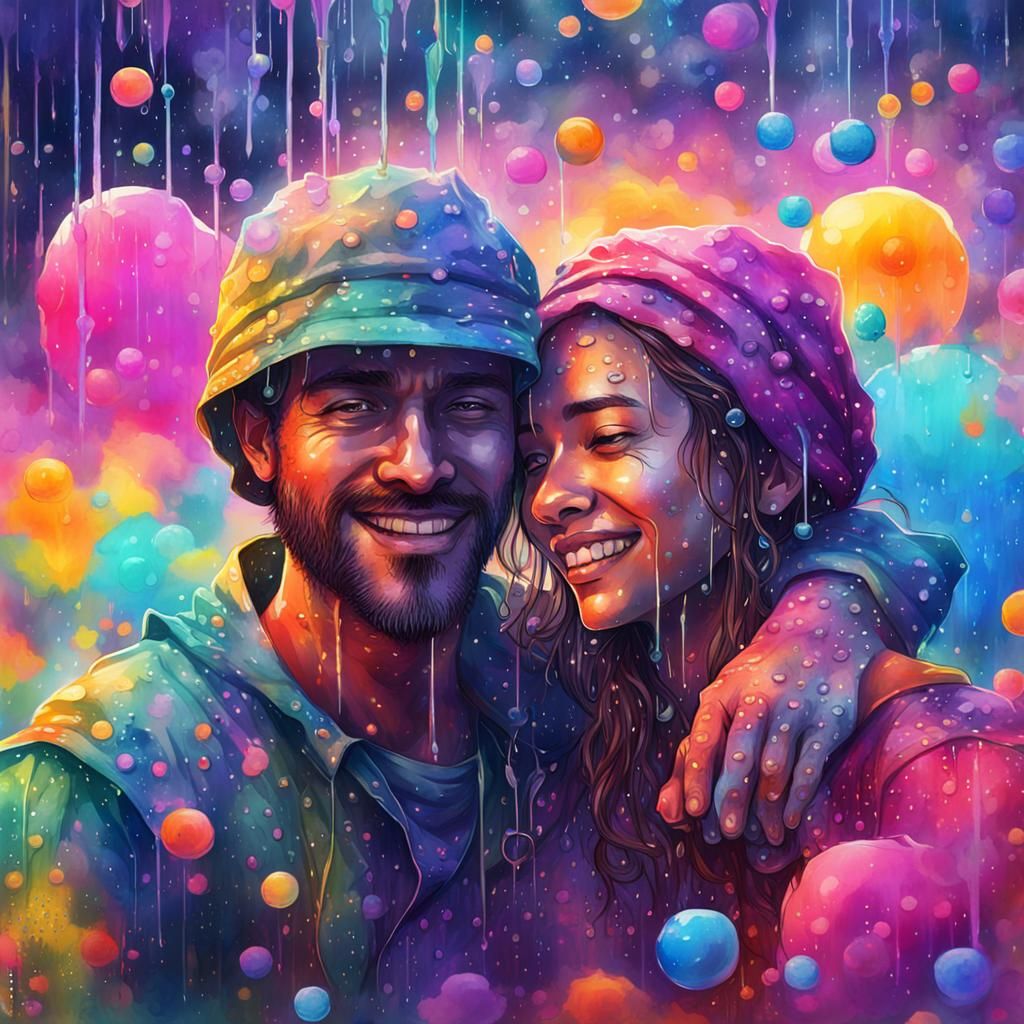 Lovers in Rainy Neon Watercolor Fantasy