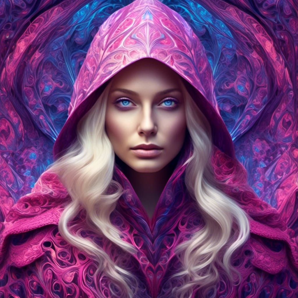 Mysterious Woman in Medieval Cloak with Abstract Elements