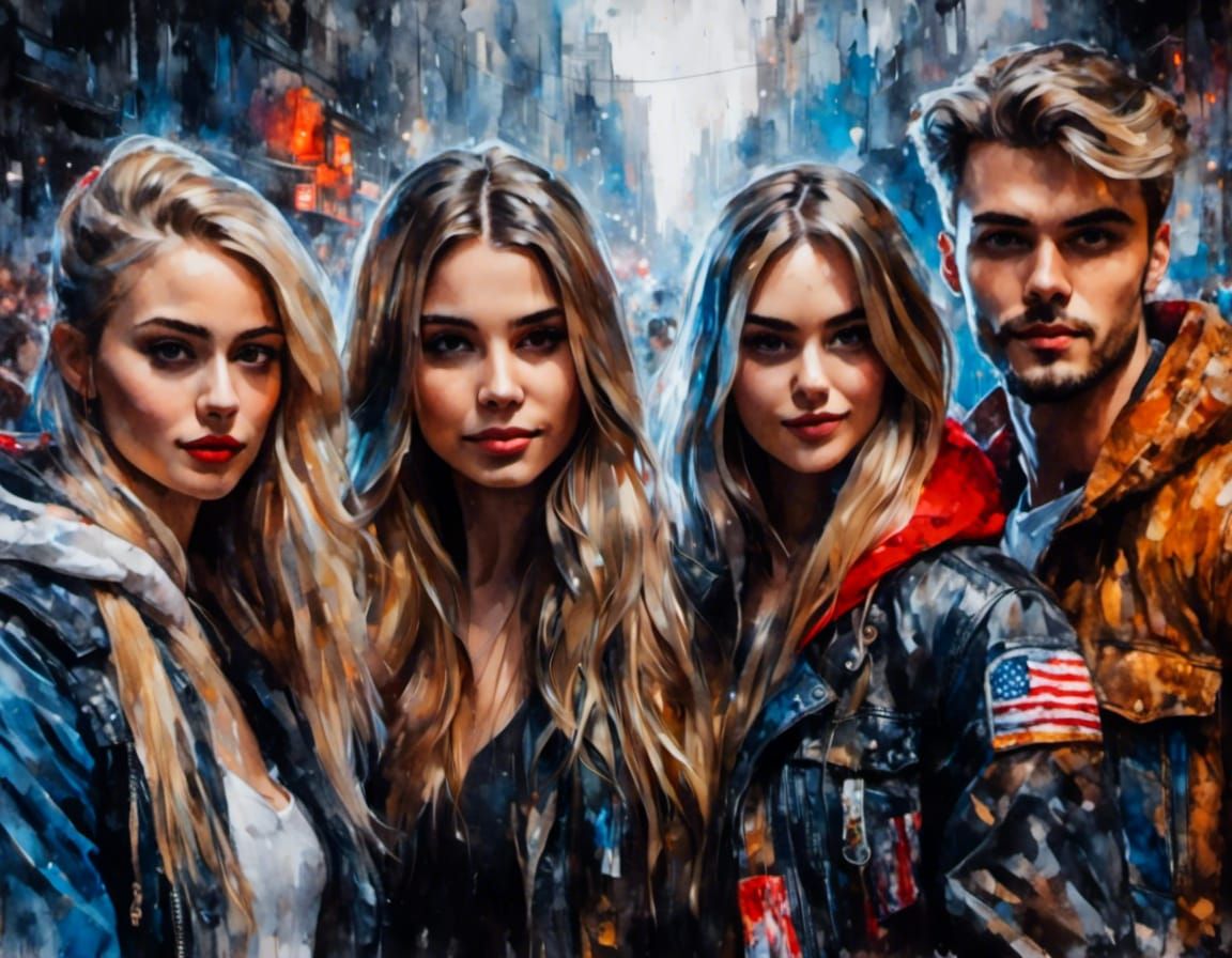 Vibrant Portrait of Four Young Adults in Gouache