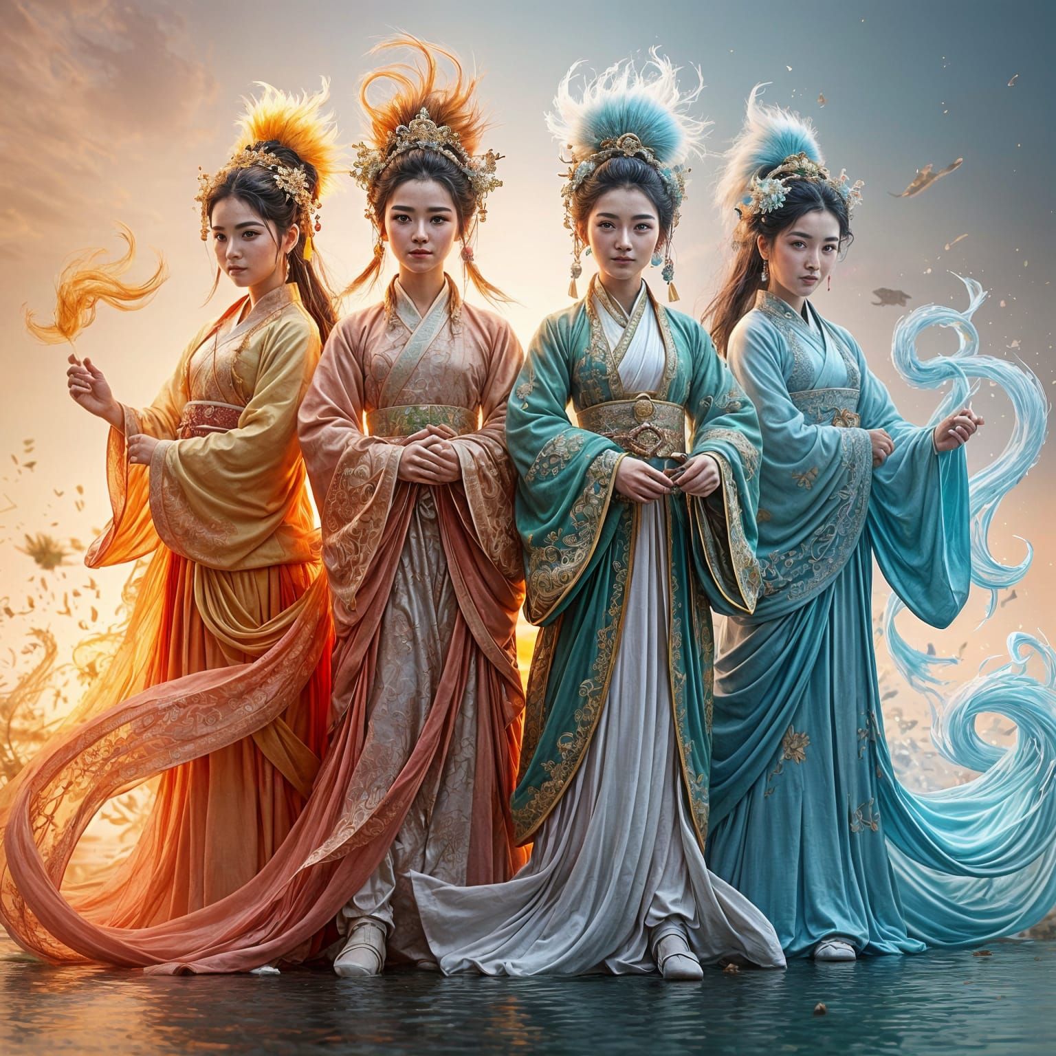 Elemental Gods in Hanfu Style: 3D Anime Art