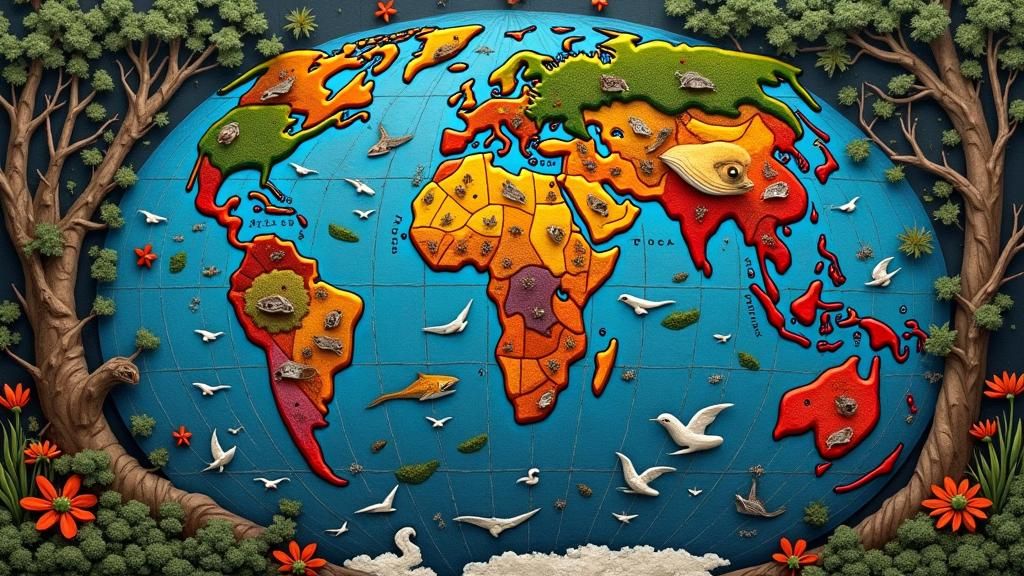 Global Wildlife Map in Huichol Yarn Painting Style