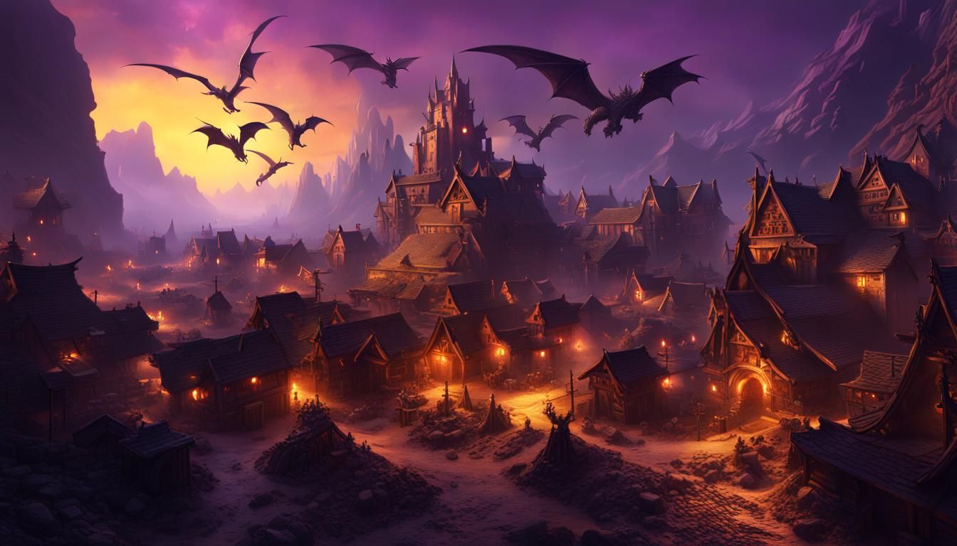 Corrupted Dwarven Village with Dragons, Dark Fantasy Art